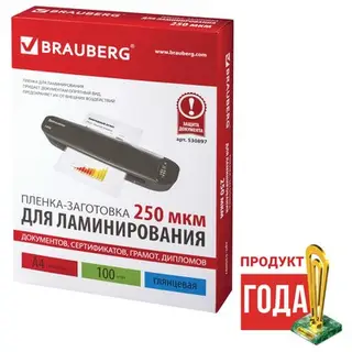 Пленка для ламинирования A4 216х303 мм, 250 мкм, 100 штук, глянцевые, BRAUBERG 530897