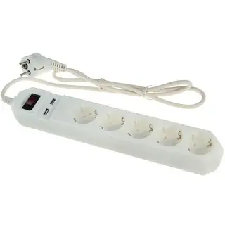 Сетевой фильтр "ЭРА" USF-5es-1.5m-USB-W, 5 розеток + 2 USB, 1.5 м, 10 А, с з/к, белый