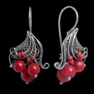 Серьги старинные мотивы «Коралл» цветочек с узорами, нейзильберг