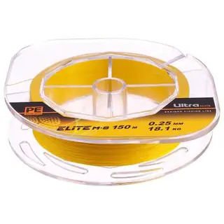 Шнур плетёный Aqua Pe Ultra Elite M-8 Yellow, диаметр 0.25 мм, тест 18.1 кг, 150 м