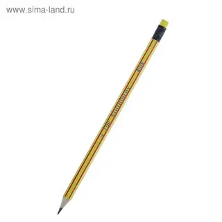 Карандаш чернографитный с ластиком НВ корпус шестигранный заточенный желтый с красными полосками
