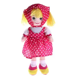 Мягкая игрушка кукла" Ксюша" малиновое платье, косынка в горох"