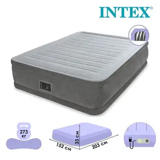 Кровать надувная Comfort-Plush Queen, 152 х 203 х 33 см, с встроенным насосом, 67770 INTEX