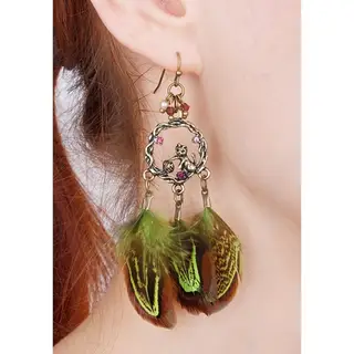 Серьги перья «Жар-птица» с кошкой, три пера, цвет коричнево-зеленый