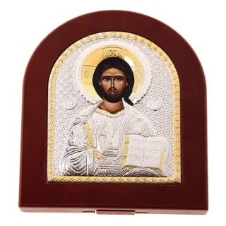 Икона Иисус Христос Спаситель серебро с позолотой в деревянной рамке