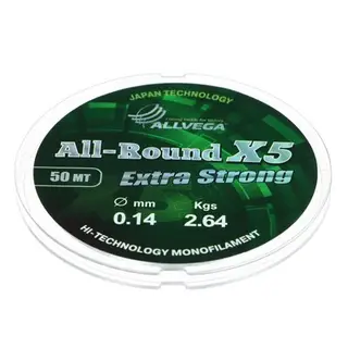 Леска монофильная ALLVEGA All-Round X5, диаметр 0.14 мм, тест 2.64 кг, 50 м, прозрачная