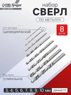 Набор сверл по металлу ТУНДРА, HSS, цилиндрический хвостовик, 3 - 10 мм (через 1 мм), 8 шт