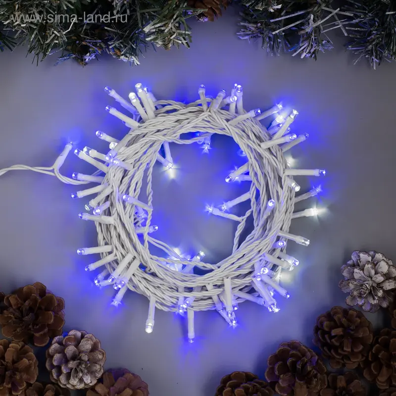 Гирлянда "Нить" 10 м, IP44, УМС, белая нить, 100 LED, свечение синее, мерцание белым, 24 В