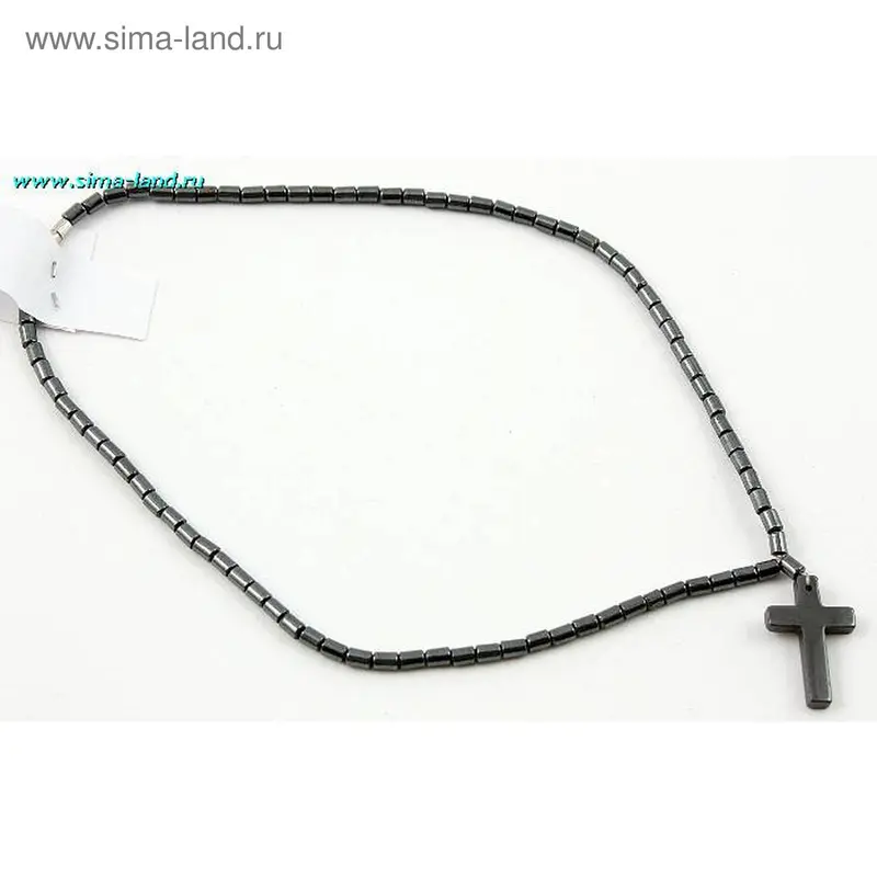 Бусы тонкие с крестиком (стилизованные под гематит)