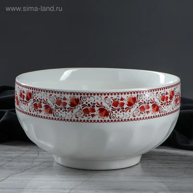 Салатник, белый с деколью, красная роспись, 1.1 л