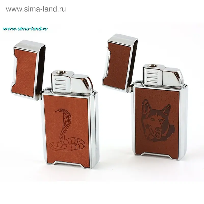 Зажигалка, прямоугольная с кожей, теснение кобра, собака. Коричневые