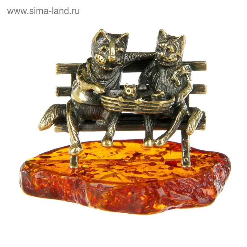 Сувенир из латуни и янтаря "Коты пара с котятами" 6х4 см
