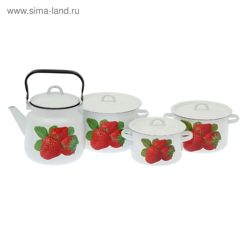 Набор кухонный "Клубника", 4 предмета: кастрюли 2 л, 3 л, 4,5 л, чайник 3,5 л