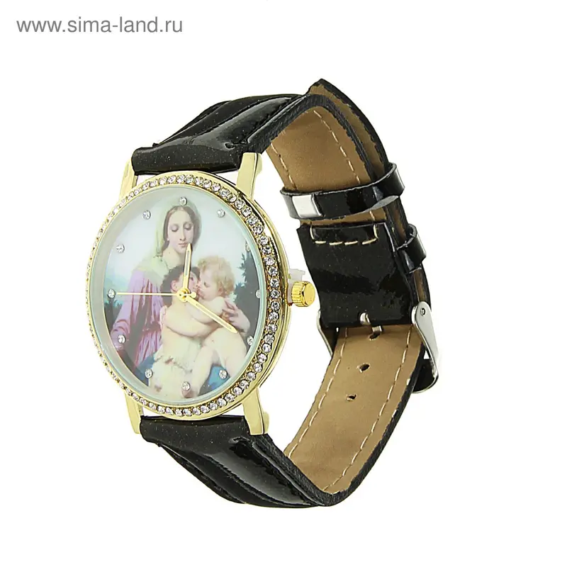 Часы наручные женские, Мадонна, корпус стразы, ремешок чёрный