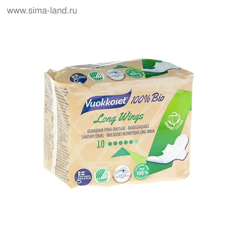 Прокладки «Vuokkoset» 100% BIO Wings Long, 10 шт/уп