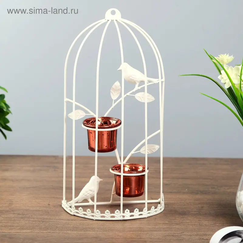 Подсвечник металл 2 свечи "Птицы в клетке" 33х16х9 см