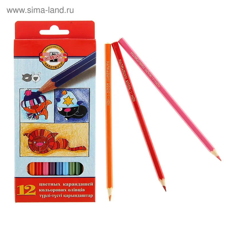 Карандаши 12 цветов Koh-I-Noor 3592 "Пёс + Кот", европодвес