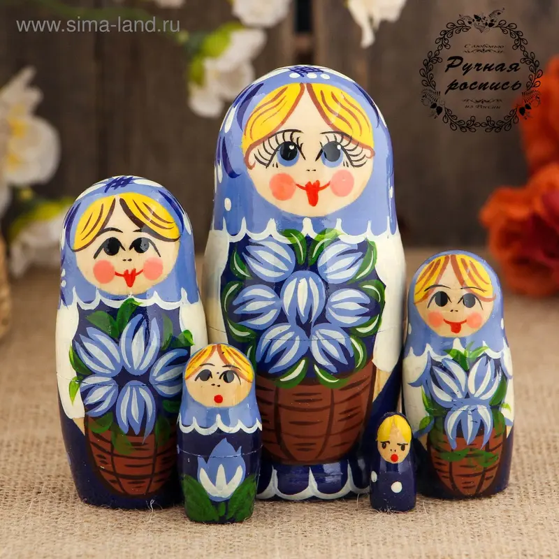 Матрёшка «Цветы в корзинке», голубой платок, 5 кукольная, 10 см, микс