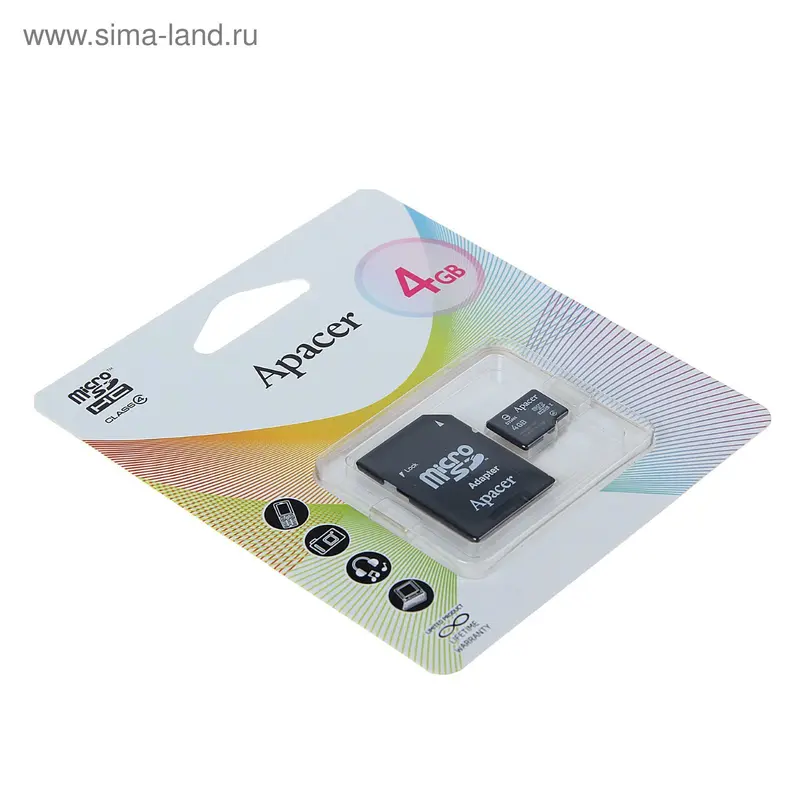 Карта памяти Apacer microSD, 4 Гб, SDHC, класс 4, с адаптером SD