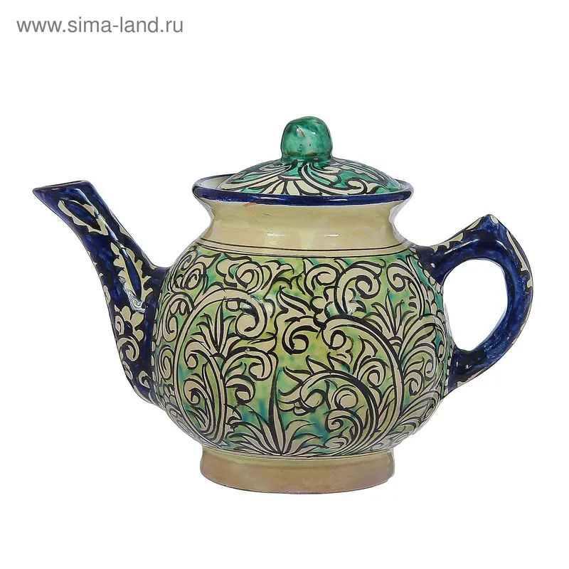 Чайник малый 1 л роспись Риштан, синий, орнамент