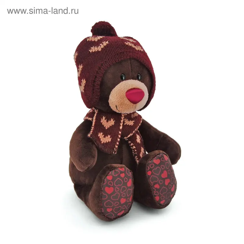 Мягкая игрушка Choco, сидячий, в вязаной шапке с сердечками