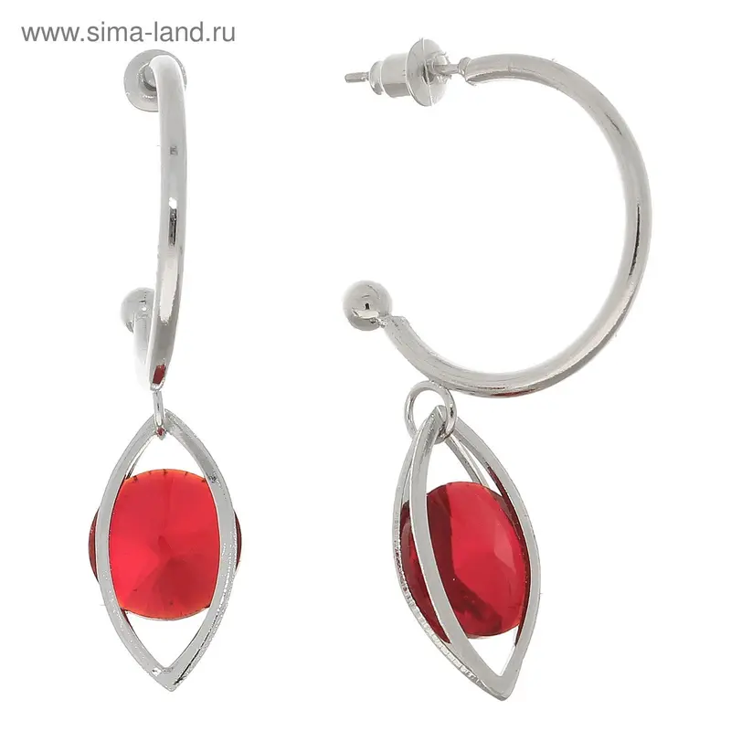 Серьги со стразами «Эллипс» с камнем, цвет красный в серебре