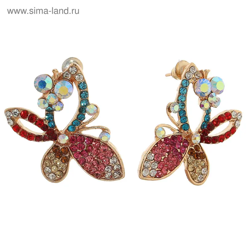 Серьги со стразами «Бабочка» игристая, цветные в золоте