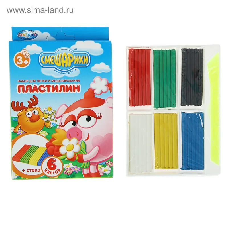 Пластилин 6 цветов "Смешарики", 100г, пластиковый стек