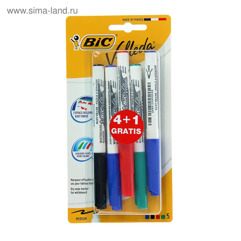 Набор маркеров для доски 4 цвета 4.5 мм BIC Velleda 1741, (5шт..: 4+1)