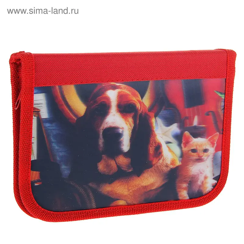 Пенал 1 секция 130*200 мм, ткань 3D "Собака и котенок"