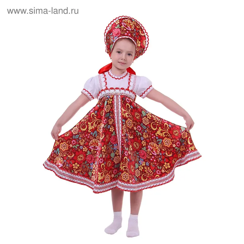 Русский народный костюм для девочки с кокошником, хохлома, обхват груди 64 см, рост 116 см
