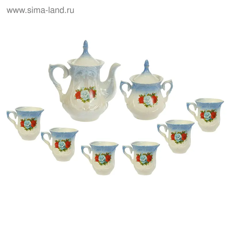 Чайный набор "Элей" голубой, три розы, 8 предметов 0,6/ 0,25 л