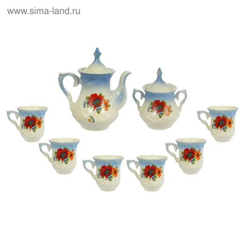 Чайный набор "Элей" голубой, красный мак, 8 предметов 0,6/0,25 л