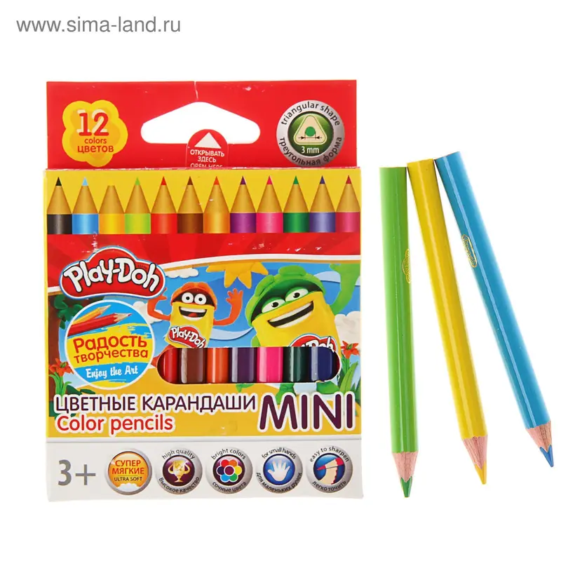Карандаши 12 цветов Play Doh, трехгранные МИНИ