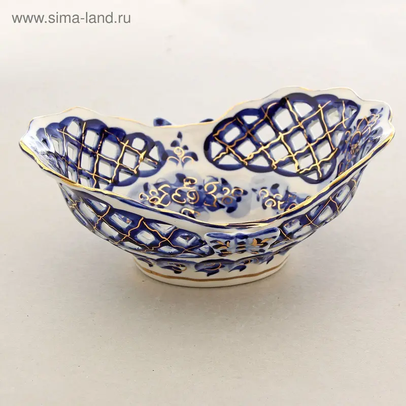 Конфетница овальная «Резная», гжель, кобальт