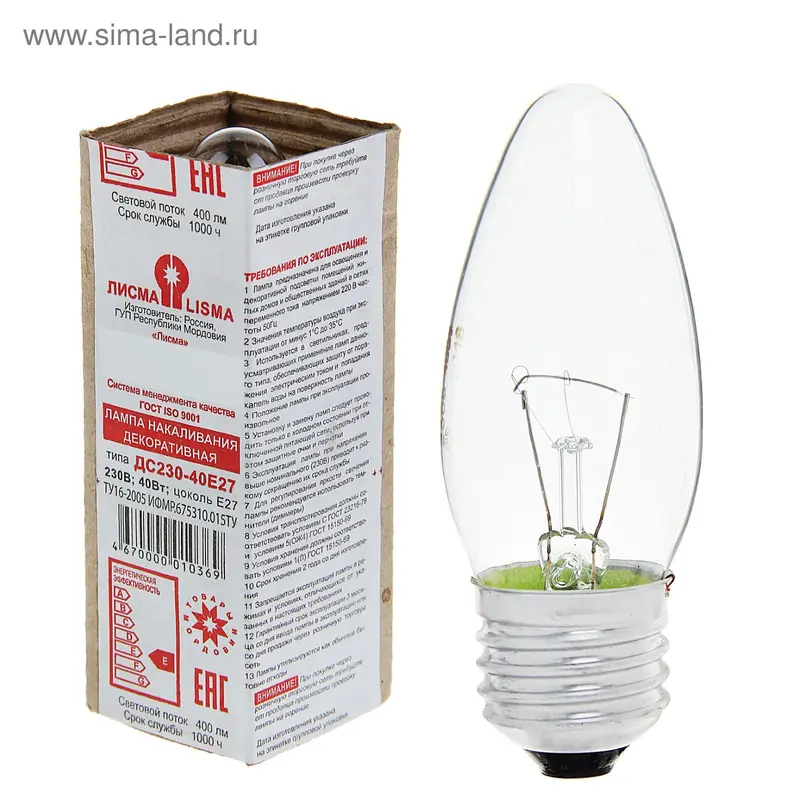 Лампа накаливания "Лисма" ДС, Е27, 40 Вт, 230 В
