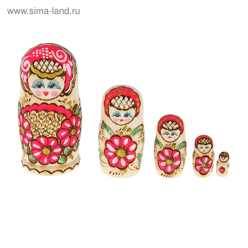 Матрешка выжигание "Радуга" розовая 5 кукол