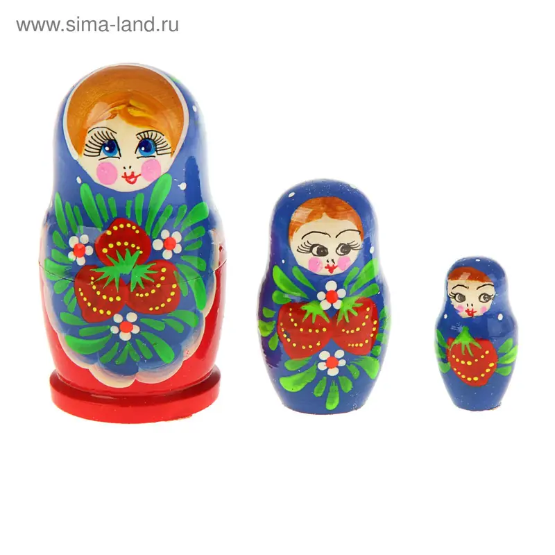 Матрешка "Глаша" 3 куклы голубой платок красный низ