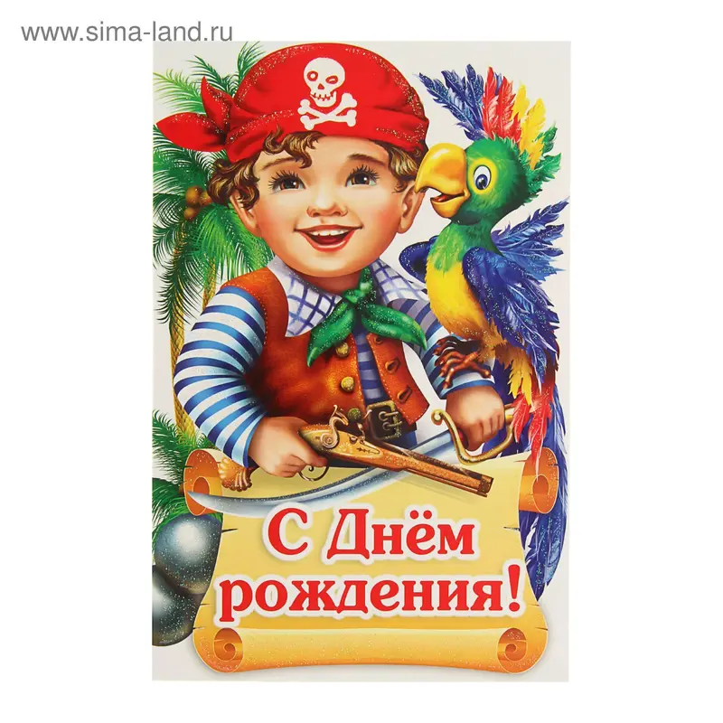 Открытка объемная "С Днём Рождения!" мальчик-пират, попугай