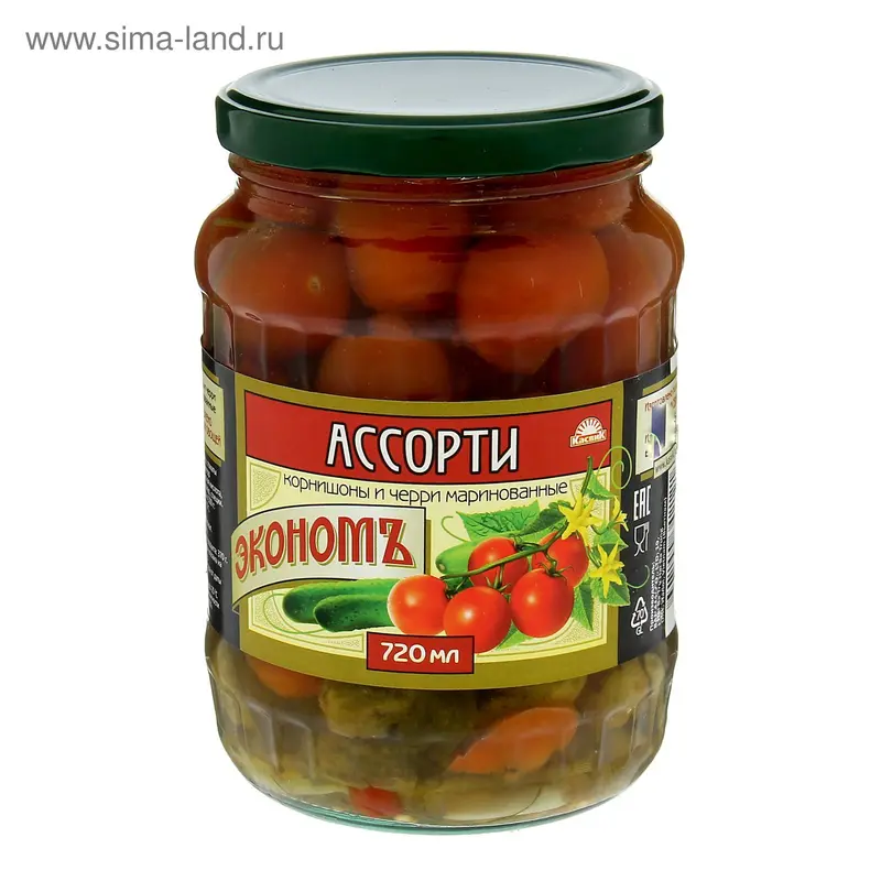 Томаты черри и корнишоны ТМ "ЭКОНОМ", 720 мл