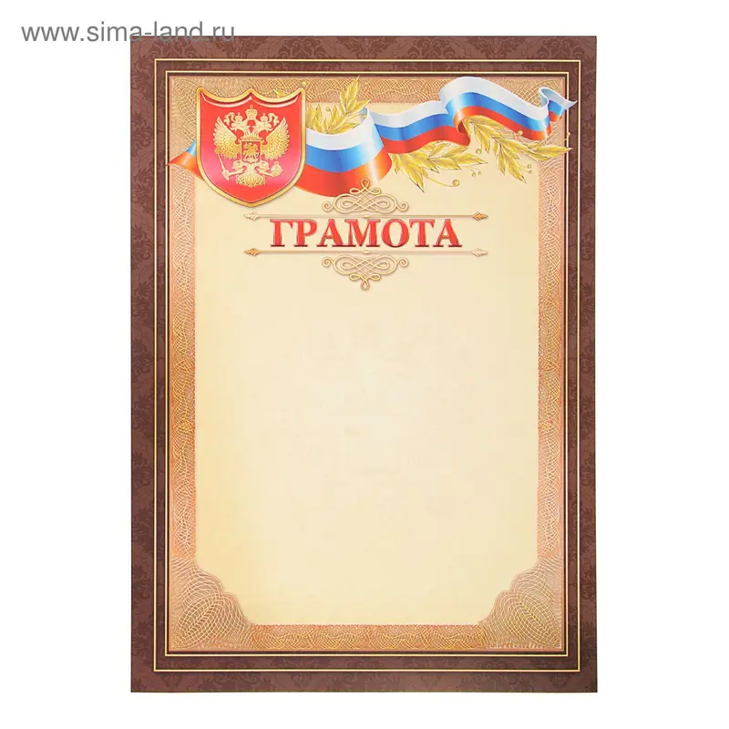 Грамота "Россия" герб и триколор, коричневая рамка