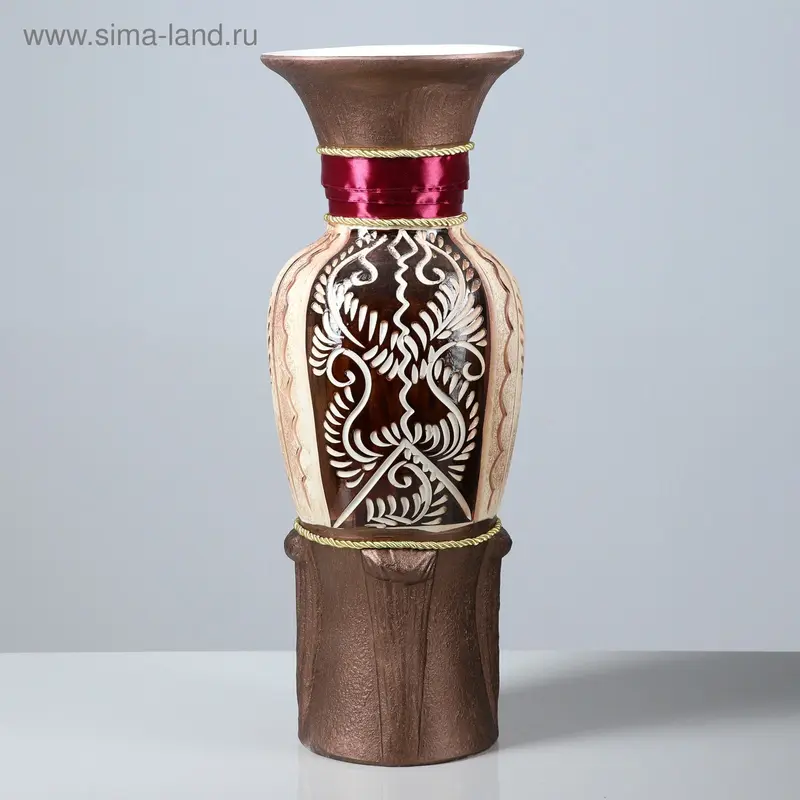 Ваза напольная "Элегия" ангоб, бордовая лента, микс