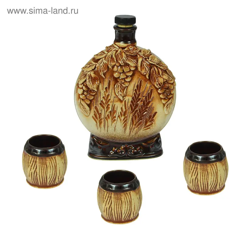 Штоф с рюмками "Колос и виноград" лепка, 4 предмета, 0,4 л