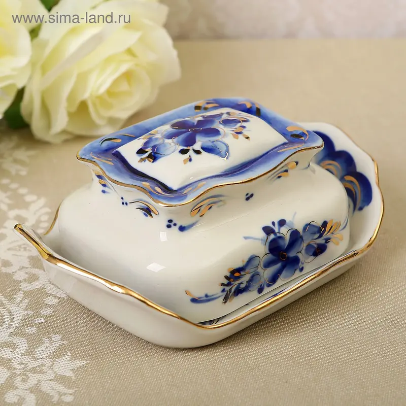 Масленка "Астра", гжель с золотом, фарфор