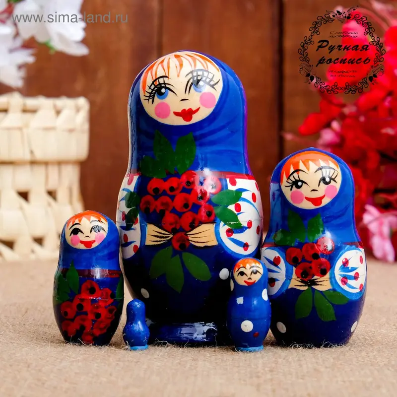 Матрёшка «Настасья», синий платок, 5 кукольная, 10 см