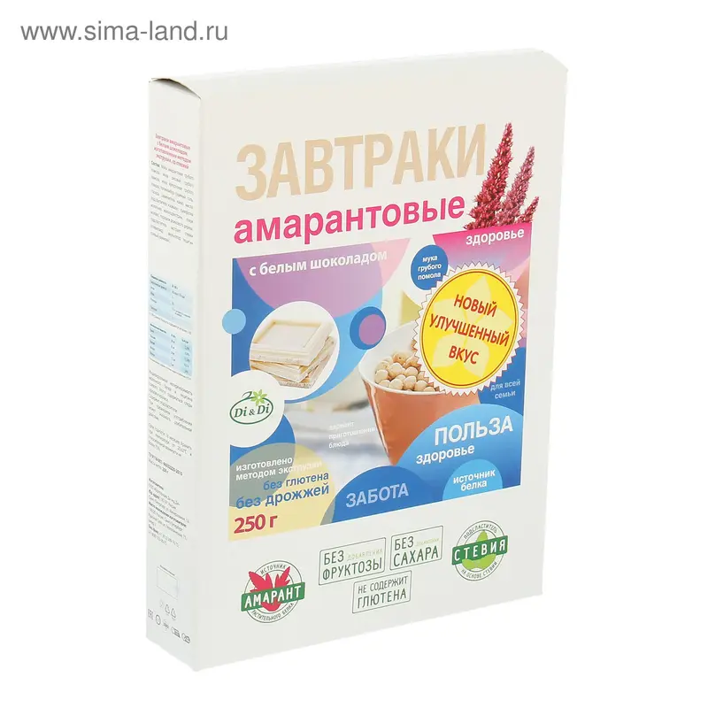 Завтраки амарантовые "Di&Di" с белым шоколадом, 250 гр