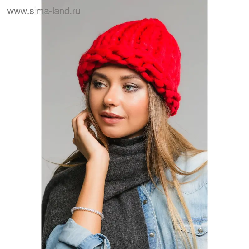 Шапка крупной вязки, красный, акрил 100%