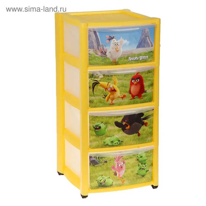 Комод детский на колесах с аппликацией Аngry birds, 4 ящика