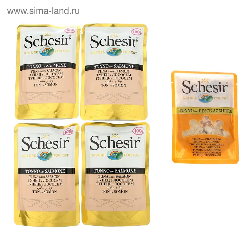Акция 4+1! Консервы для кошек Schesir тунец с лососем, пауч 100 г