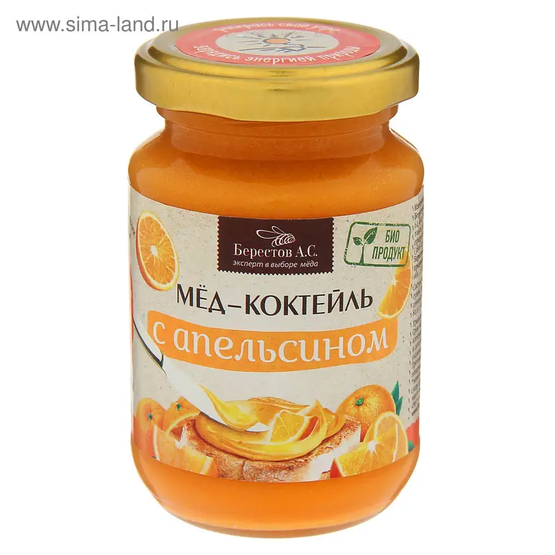 Берестов Мёд-коктейль с апельсином, стеклянная банка, 210 гр
